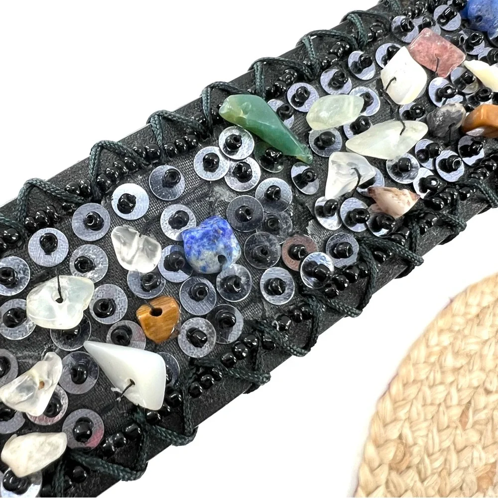 Leather Gemstone Belt Embellished Black‎ Sz M Sequins Multicolored
